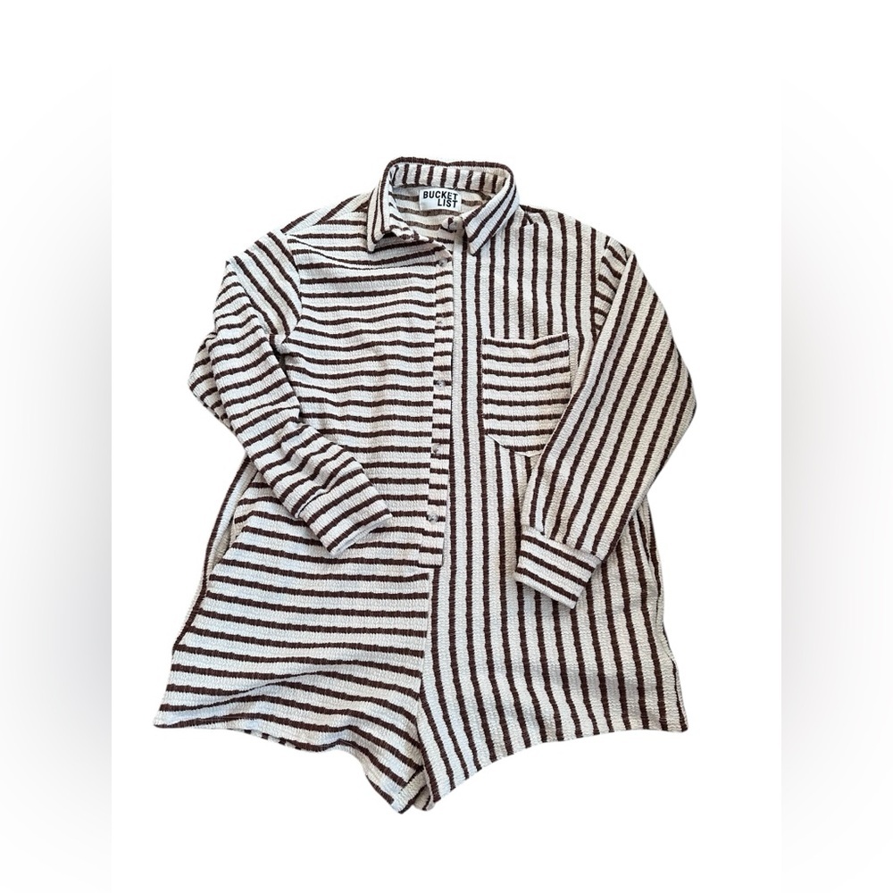 BUCKETLIST Brown and White Striped Collared Long Sleeve Romper Cotton Coastal S